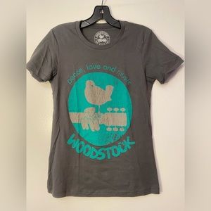 Woodstock womens T shirt, Sz S, gray green white, boho peace love & music EUC